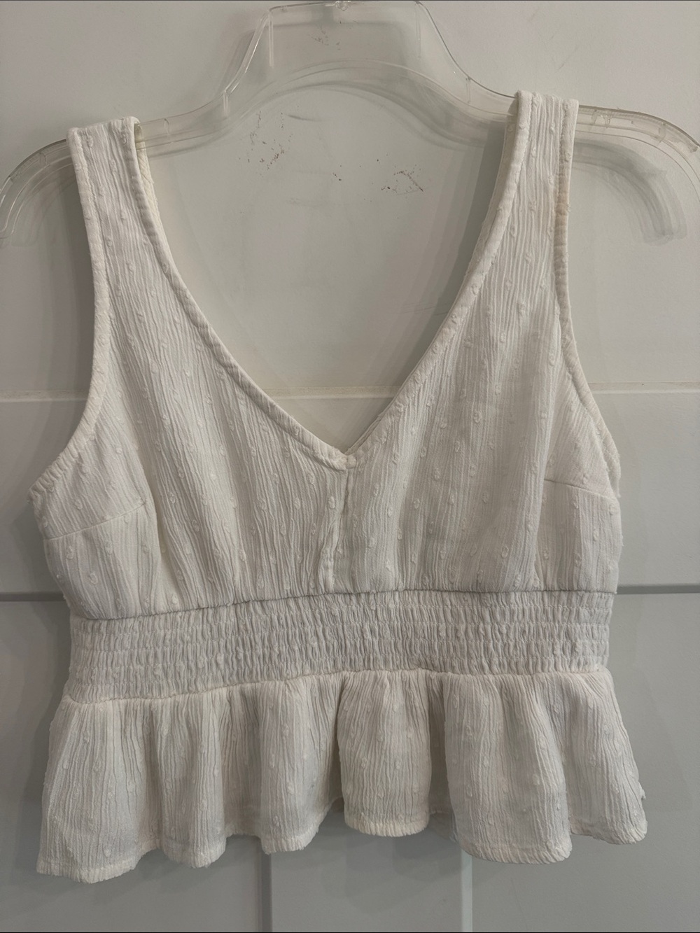 Hollister White V-Neck Smocked Peplum Tank, Small, Linen Cotton Blend CUTE